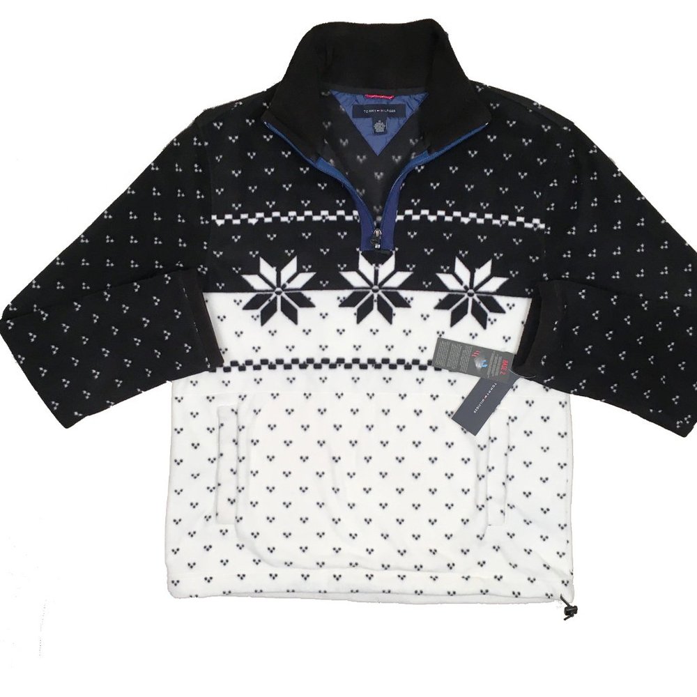 NEW Vintage Tommy Hilfiger Fleece Pullover Jacket Black & White Snowflake Design